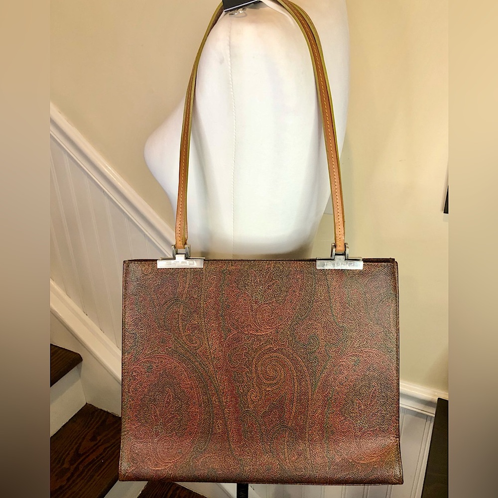 ETRO Red Paisley Vachetta Leather Two Strap Snap Tote Shopper Shoulder Bag
